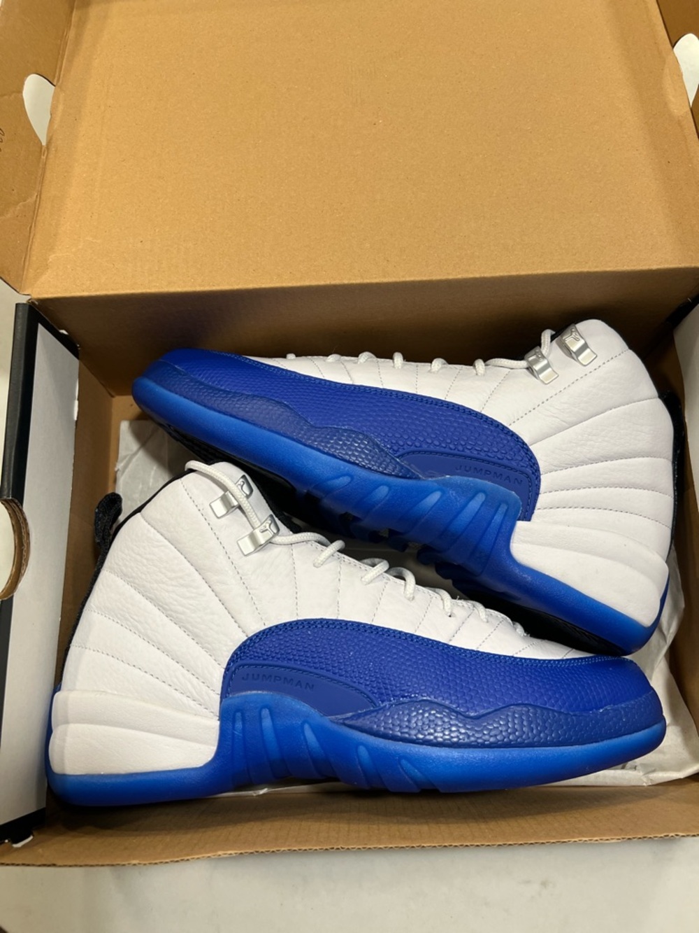 Jordan White and Royal Blue Retro 12 Sneakers - Picture 4 of 13